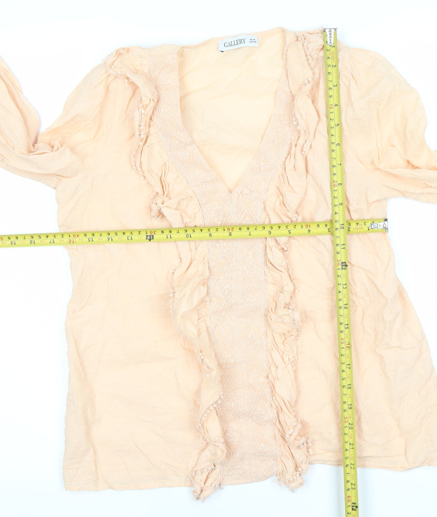 Gallery Women’s Beige Cotton Ruffle Long Sleeve Tunic Blouse UK 10