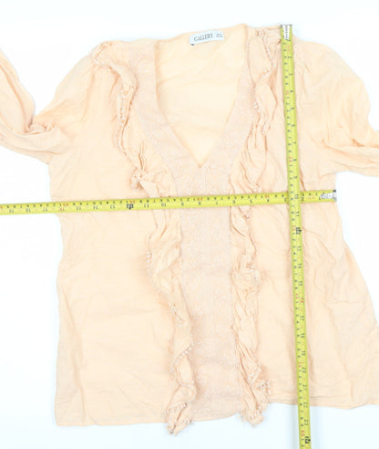 Gallery Women’s Beige Cotton Ruffle Long Sleeve Tunic Blouse UK 10