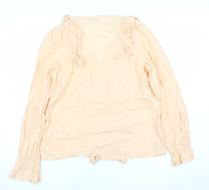 Gallery Women’s Beige Cotton Ruffle Long Sleeve Tunic Blouse UK 10