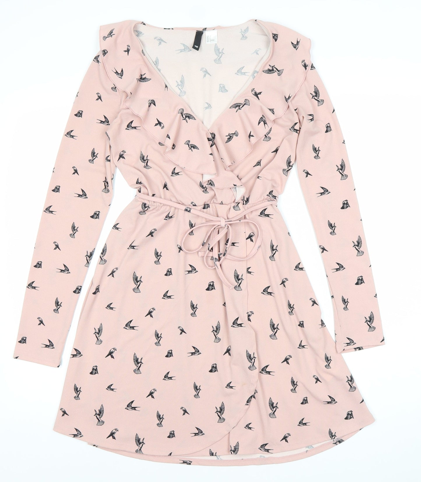 H&M Divided Women’s Pink Bird Print V-Neck Wrap Dress Size 8