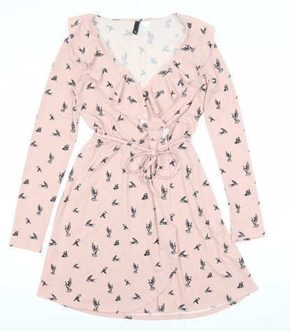 H&M Divided Women’s Pink Bird Print V-Neck Wrap Dress Size 8