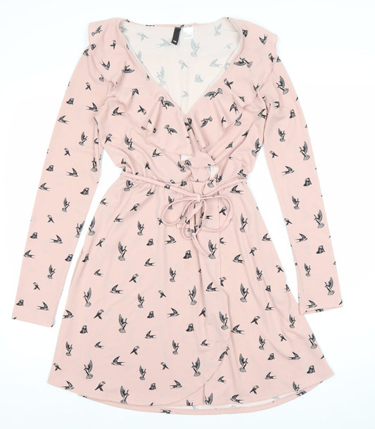 H&M Divided Women’s Pink Bird Print V-Neck Wrap Dress Size 8