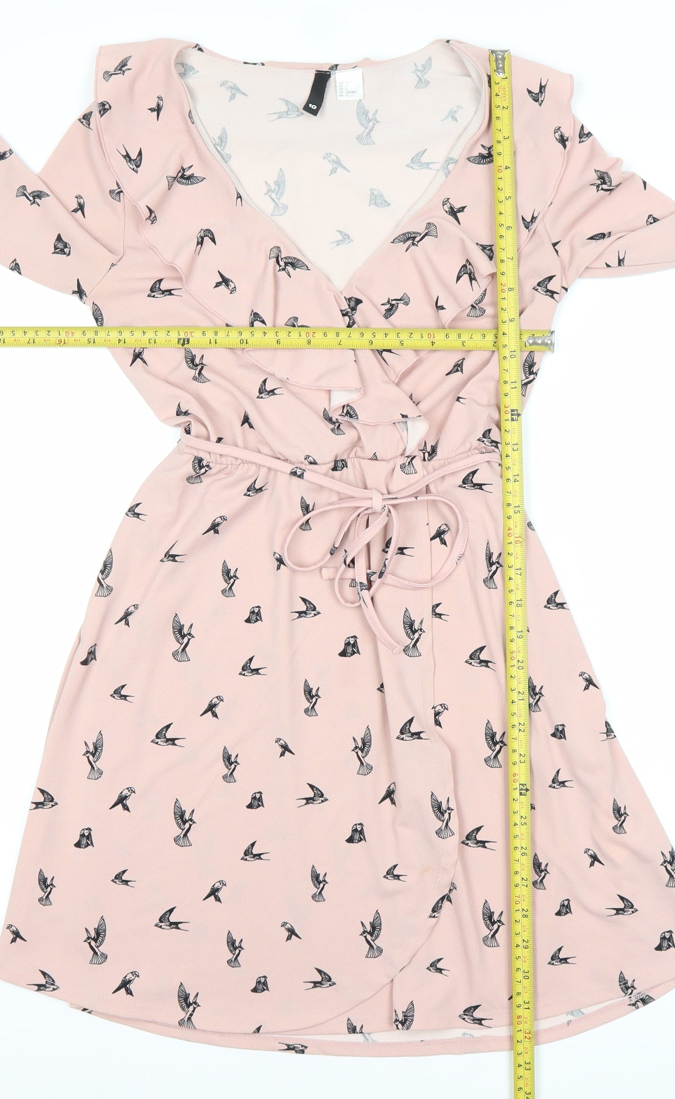 H&M Divided Women’s Pink Bird Print V-Neck Wrap Dress Size 8