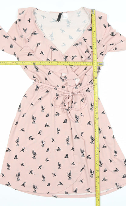H&M Divided Women’s Pink Bird Print V-Neck Wrap Dress Size 8