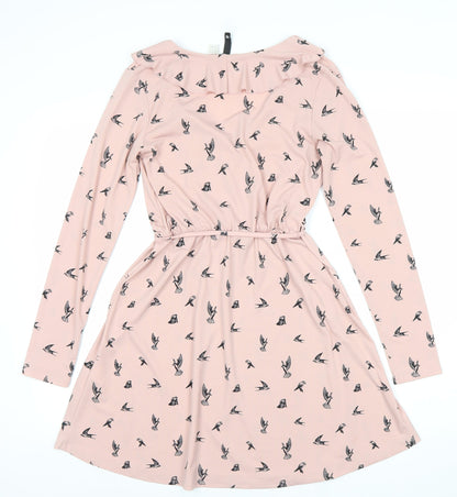 H&M Divided Women’s Pink Bird Print V-Neck Wrap Dress Size 8