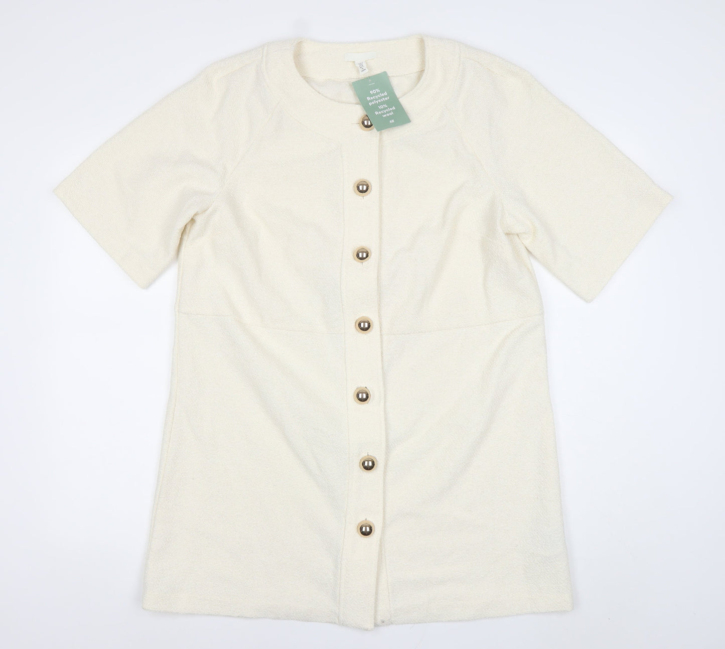 H&M Women Ivory Knit Shirt Dress M Button Front Half Sleeve