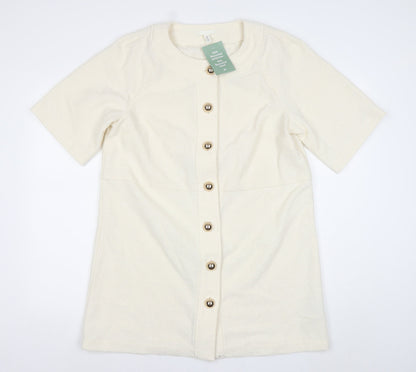H&M Women Ivory Knit Shirt Dress M Button Front Half Sleeve