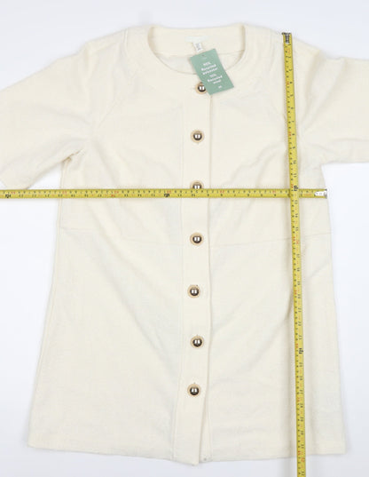 H&M Women Ivory Knit Shirt Dress M Button Front Half Sleeve