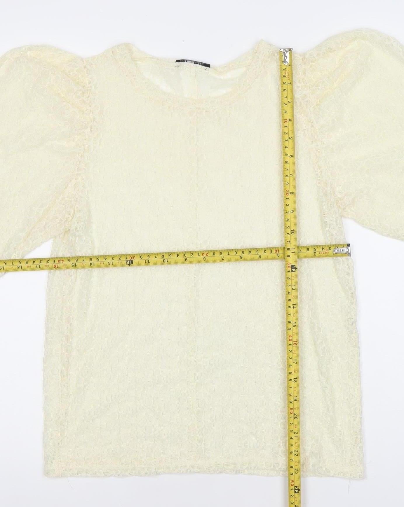 ZARA Women Ivory Lace Puff Sleeve Blouse Size 14
