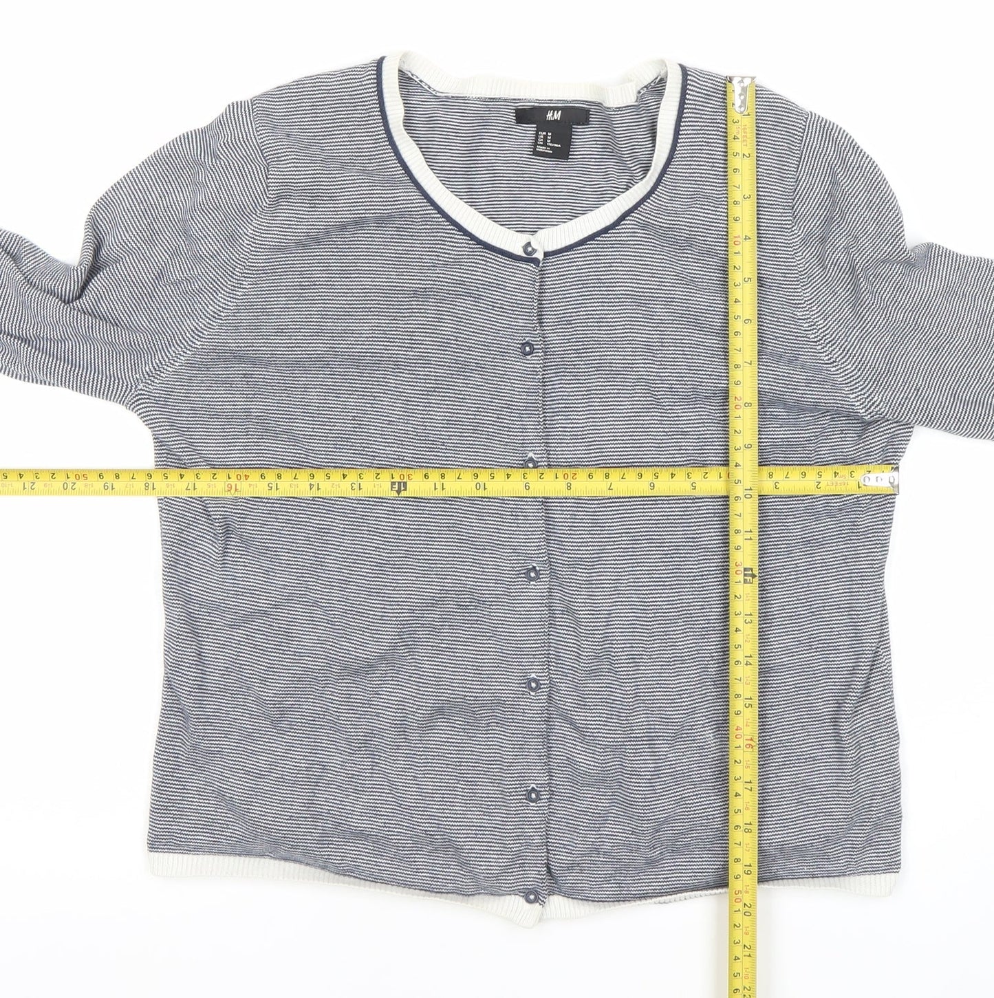 H&M Women Blue Striped Cotton Button-Up Cardigan M Long Sleeve