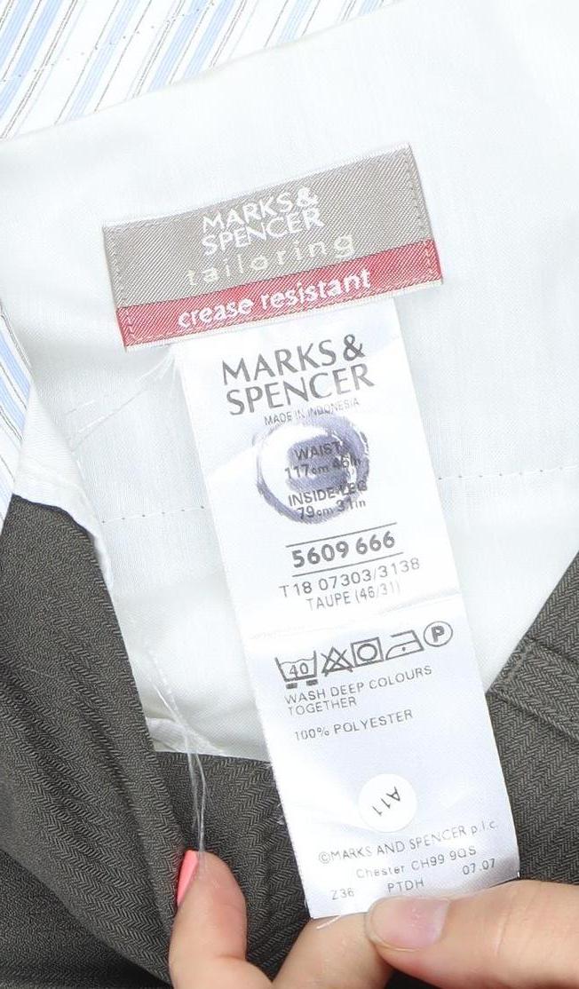 Marks and Spencer Men Taupe Crease Resistant Dress Trousers 46L Polyester