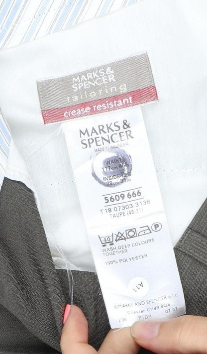 Marks and Spencer Men Taupe Crease Resistant Dress Trousers 46L Polyester