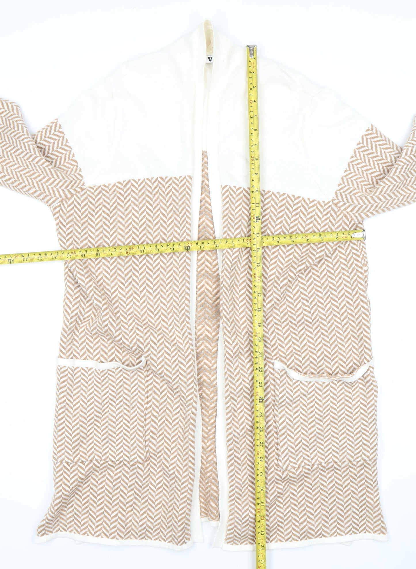 Very Women Beige Geometric Knit Longline Cardigan Size 12