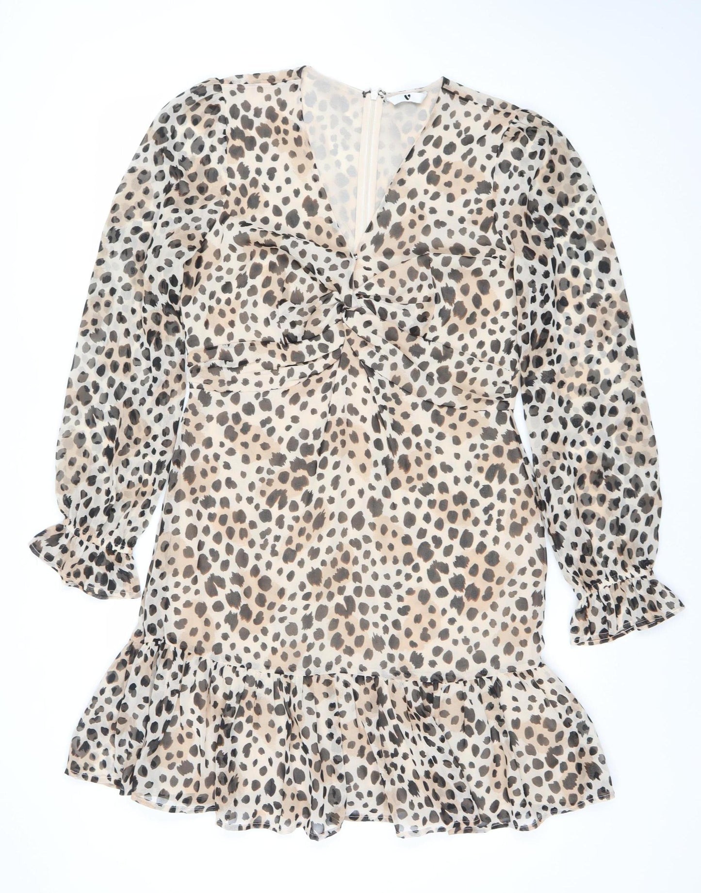 Very Women Beige Leopard Print Wrap Dress Size 14 Long Sleeve Chiffon