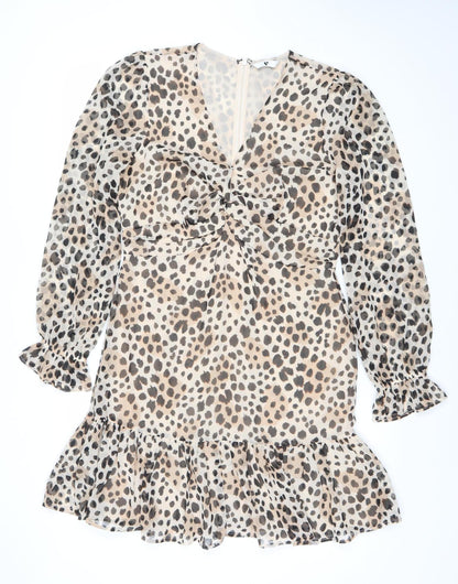 Very Women Beige Leopard Print Wrap Dress Size 14 Long Sleeve Chiffon