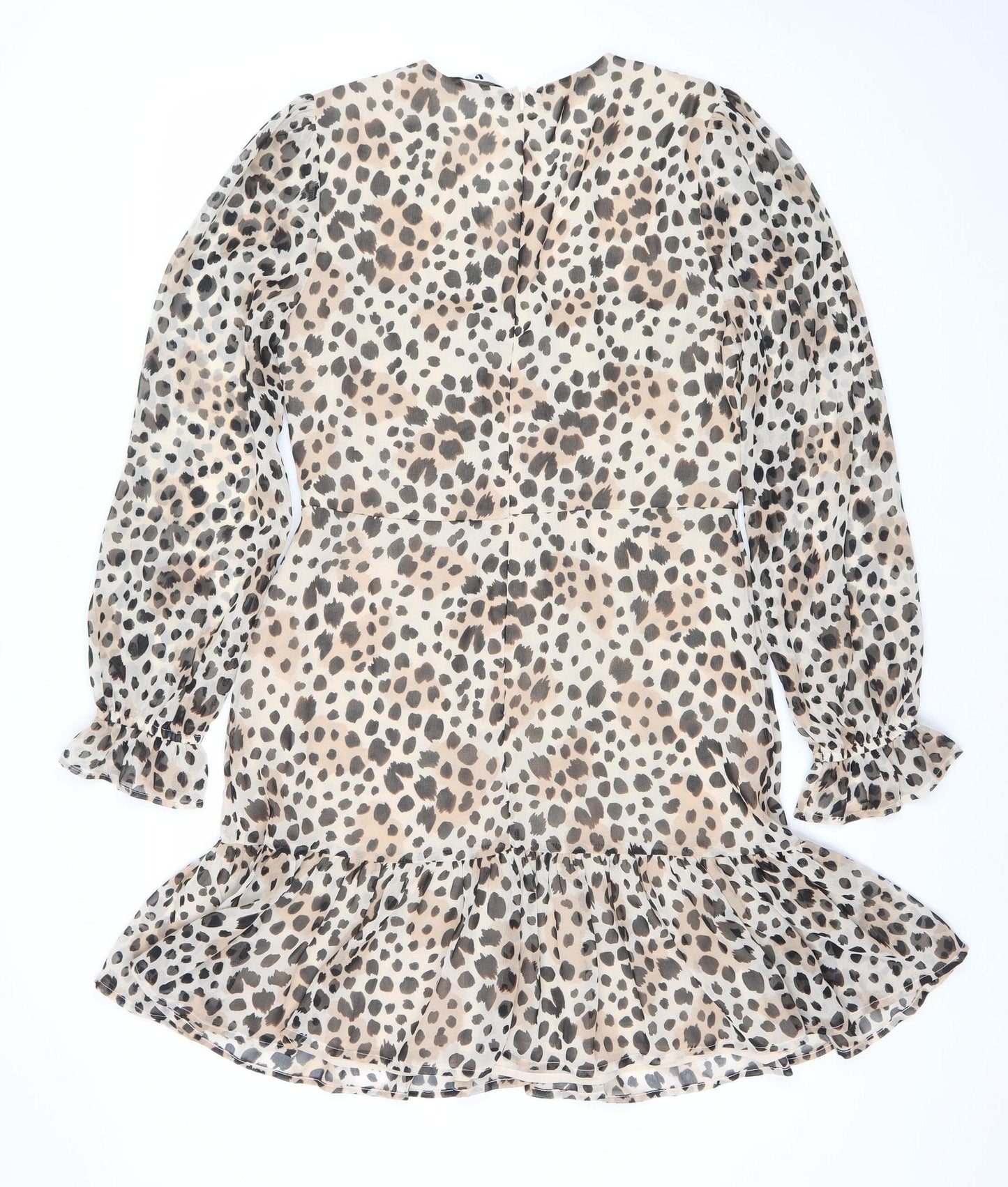 Very Women Beige Leopard Print Wrap Dress Size 14 Long Sleeve Chiffon