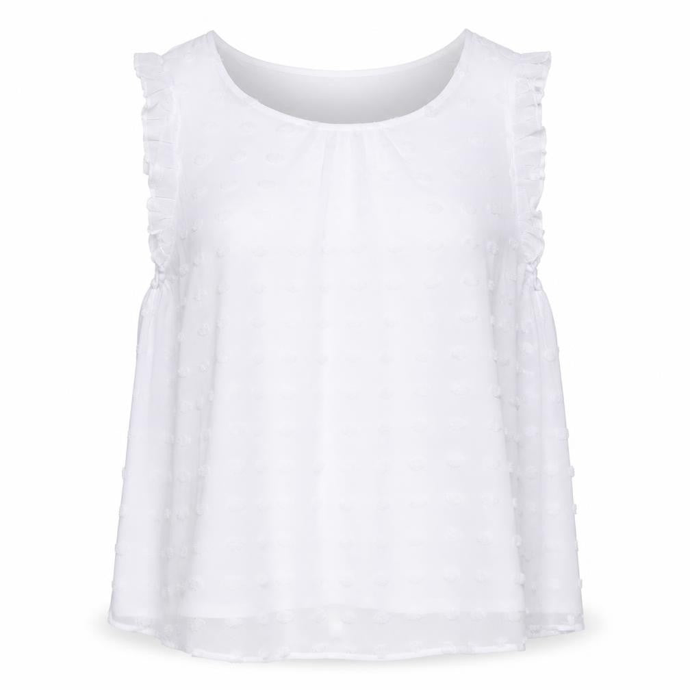 Front view of Gerard Women’s White Ruffle Trim Sleeveless Chiffon Blouse, size UK 22