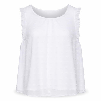Front view of Gerard Women’s White Ruffle Trim Sleeveless Chiffon Blouse, size UK 22