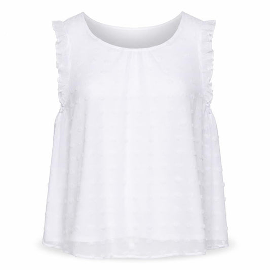 Front view of Gerard Women’s White Ruffle Trim Sleeveless Chiffon Blouse, size UK 22