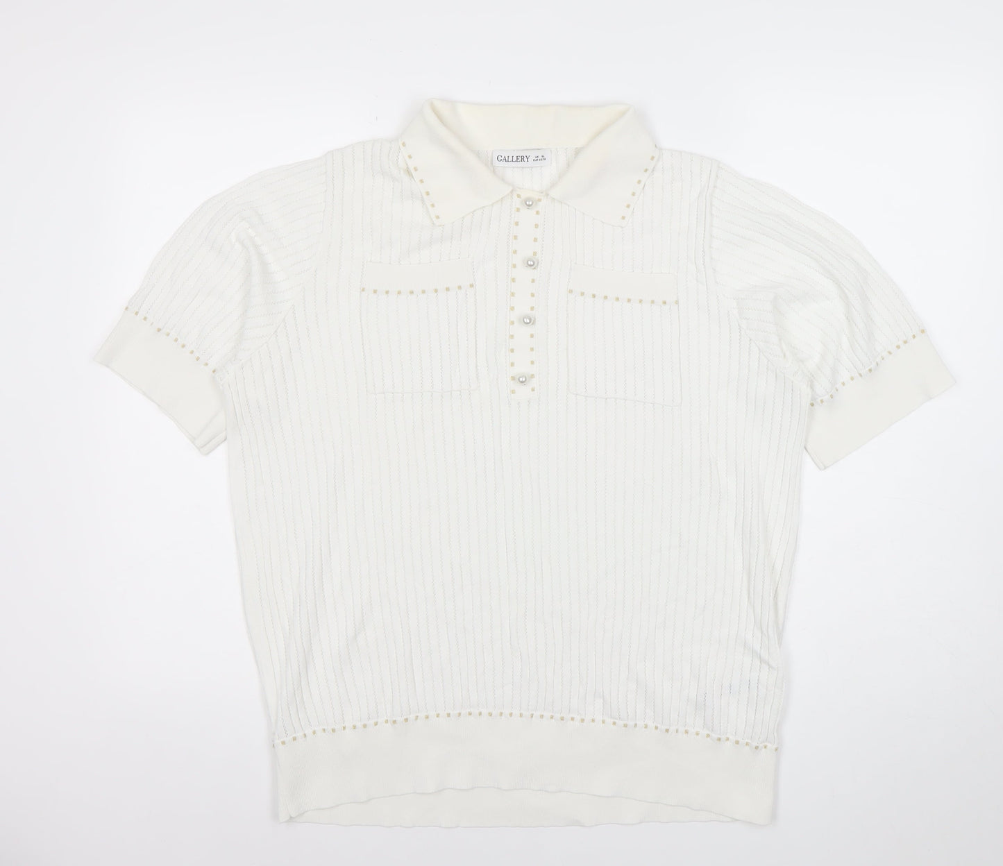 CALLERY Women's White XL Polo Knit Top Short Sleeve Beaded Detail