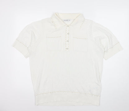 CALLERY Women's White XL Polo Knit Top Short Sleeve Beaded Detail