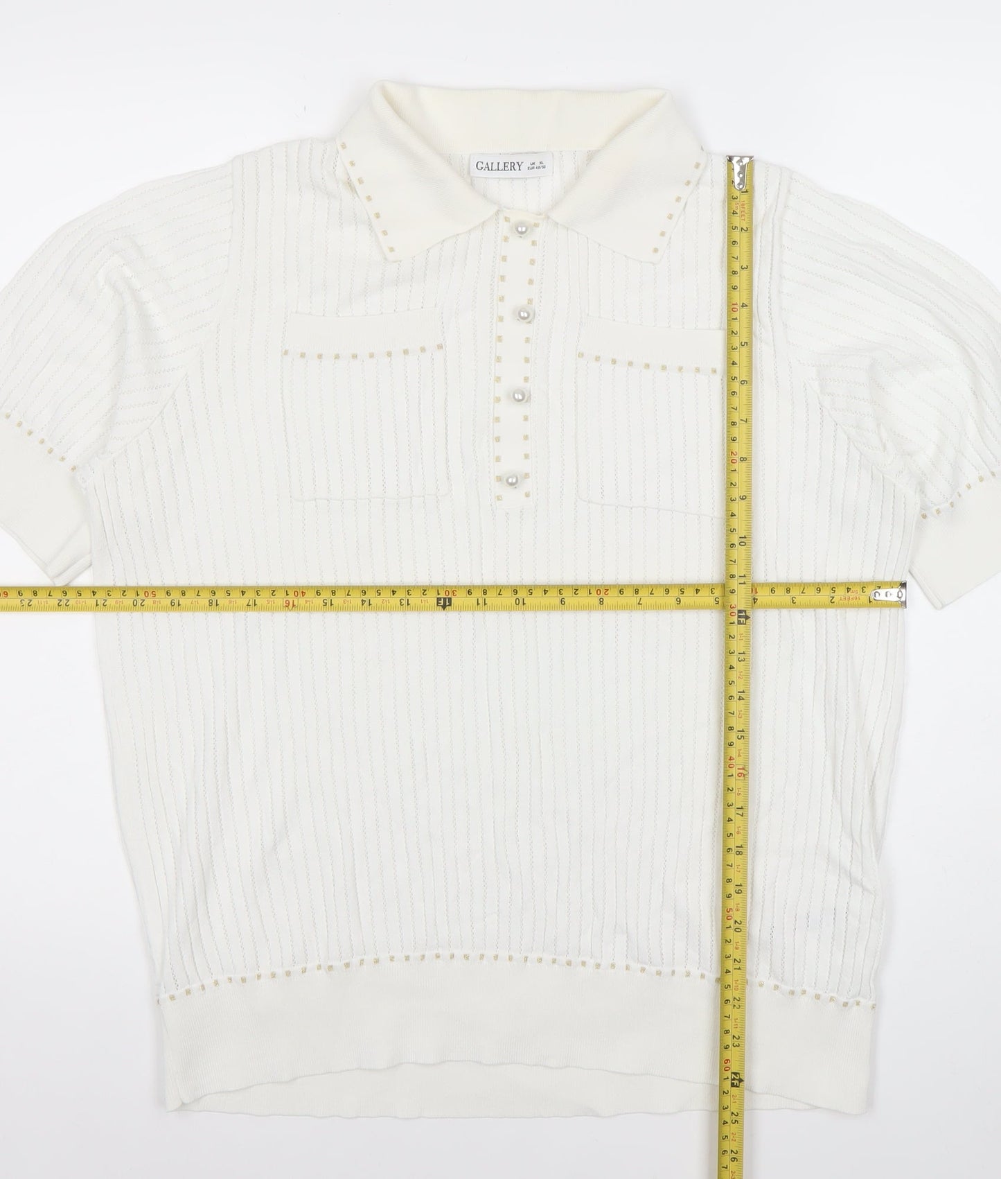 CALLERY Women's White XL Polo Knit Top Short Sleeve Beaded Detail