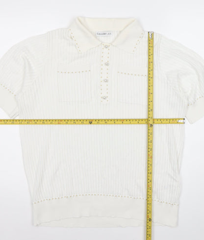CALLERY Women's White XL Polo Knit Top Short Sleeve Beaded Detail