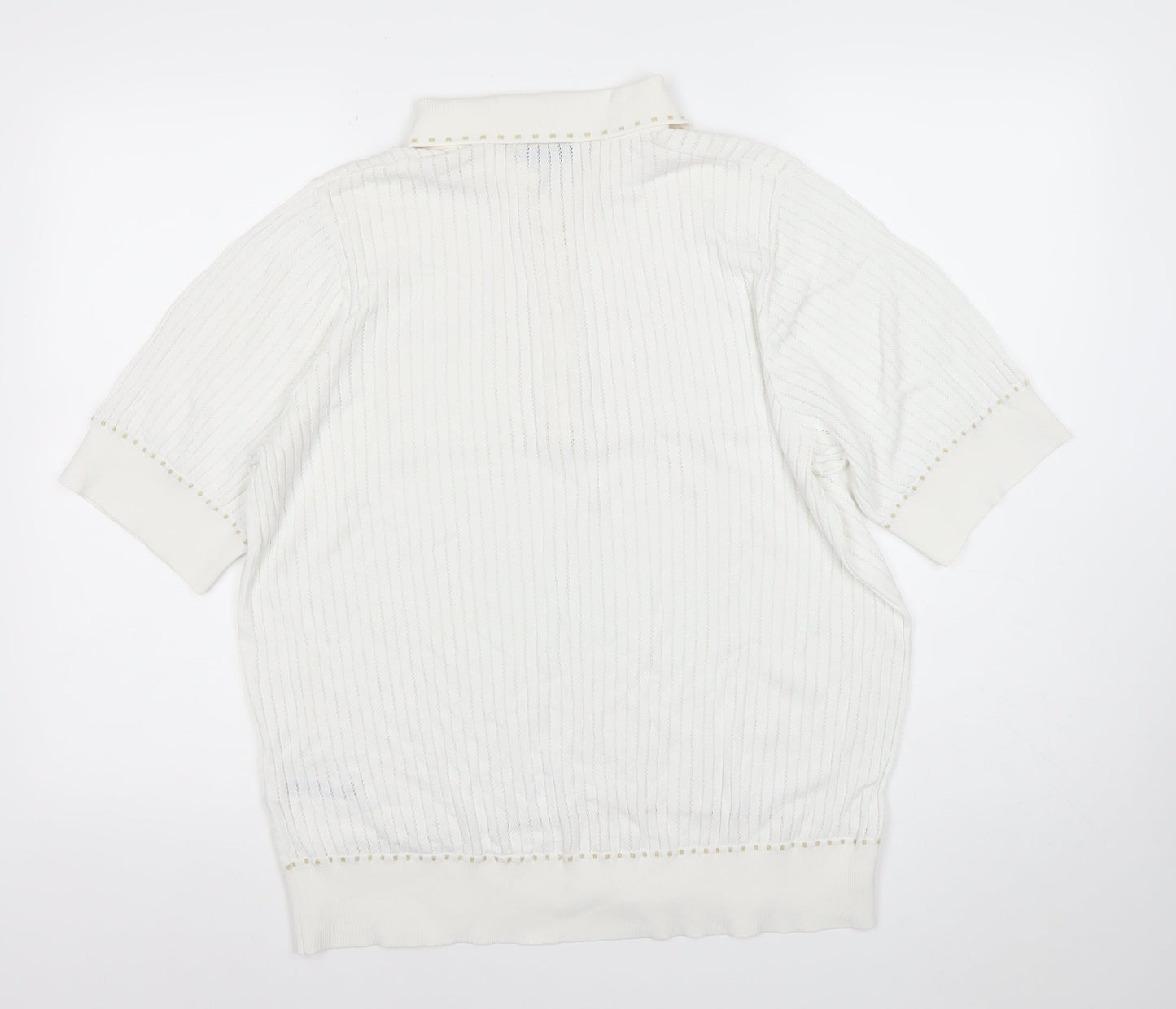 CALLERY Women's White XL Polo Knit Top Short Sleeve Beaded Detail