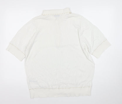 CALLERY Women's White XL Polo Knit Top Short Sleeve Beaded Detail