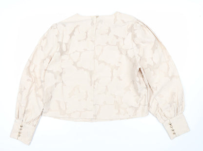 Gallery Womens Beige Floral Jacquard Long Sleeve Blouse UK 16