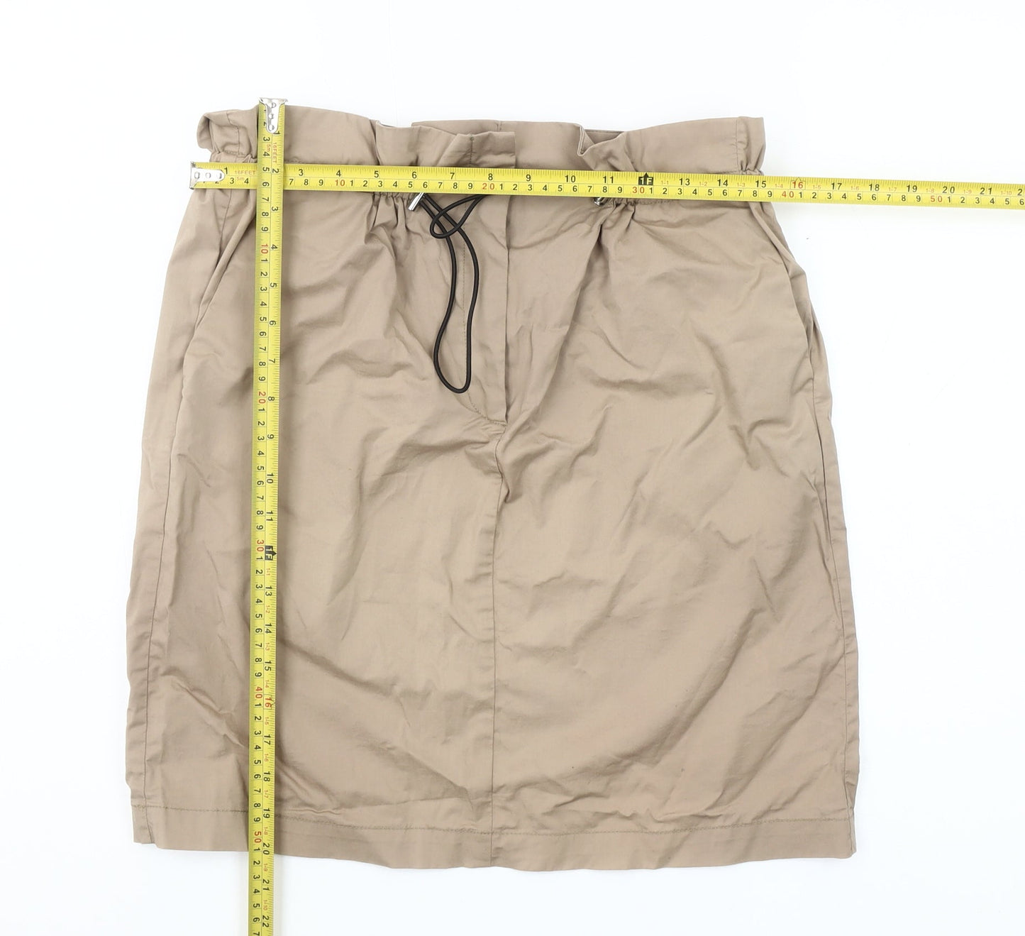 MNG Women Beige Cotton Elastic Waist Knee Length Skirt Size 10