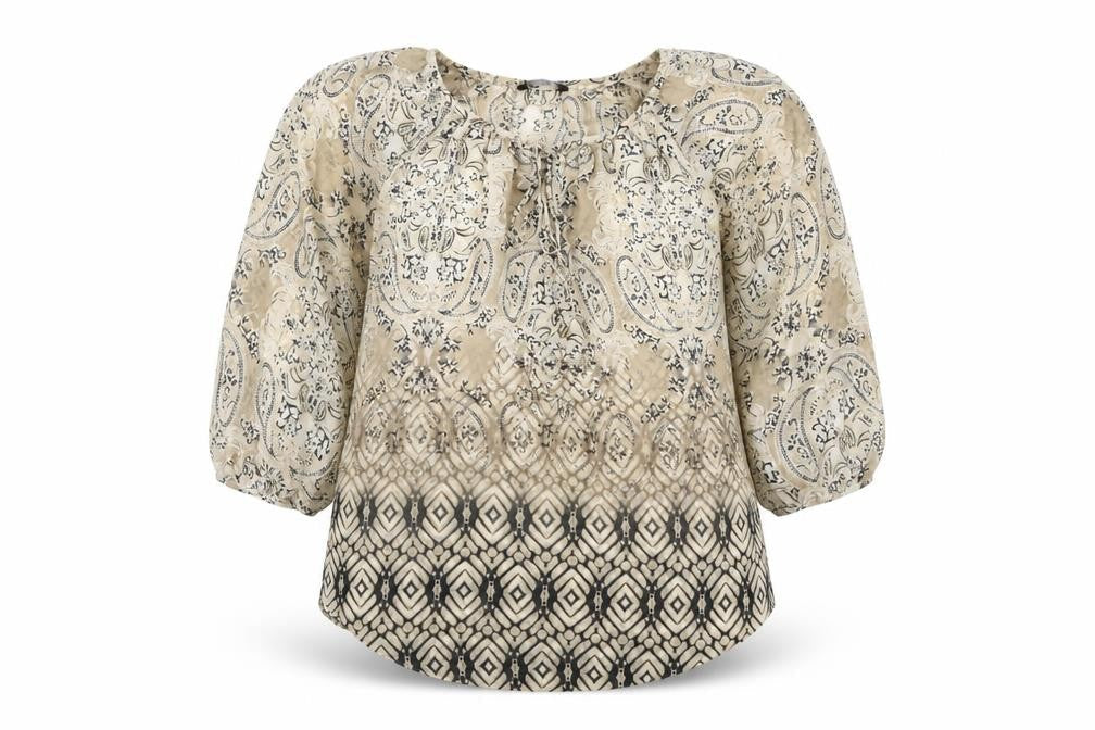 Front view of Dunnes women’s beige paisley tunic blouse, size UK 8, 3/4 sleeve polyester