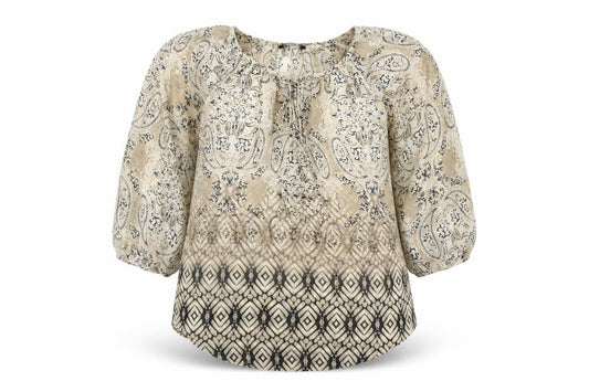 Dunnes Womens Beige Paisley Tunic Blouse Size 8 3/4 Sleeve Polyester