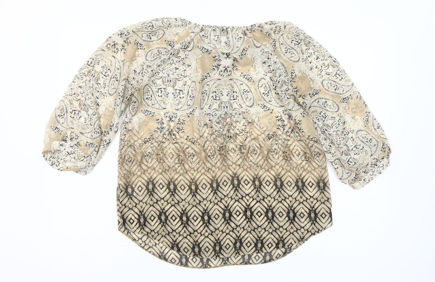Dunnes Womens Beige Paisley Tunic Blouse Size 8 3/4 Sleeve Polyester
