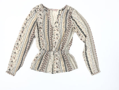 A|wear Women's Beige Floral Tunic Blouse Size 10 Long Sleeve V-Neck