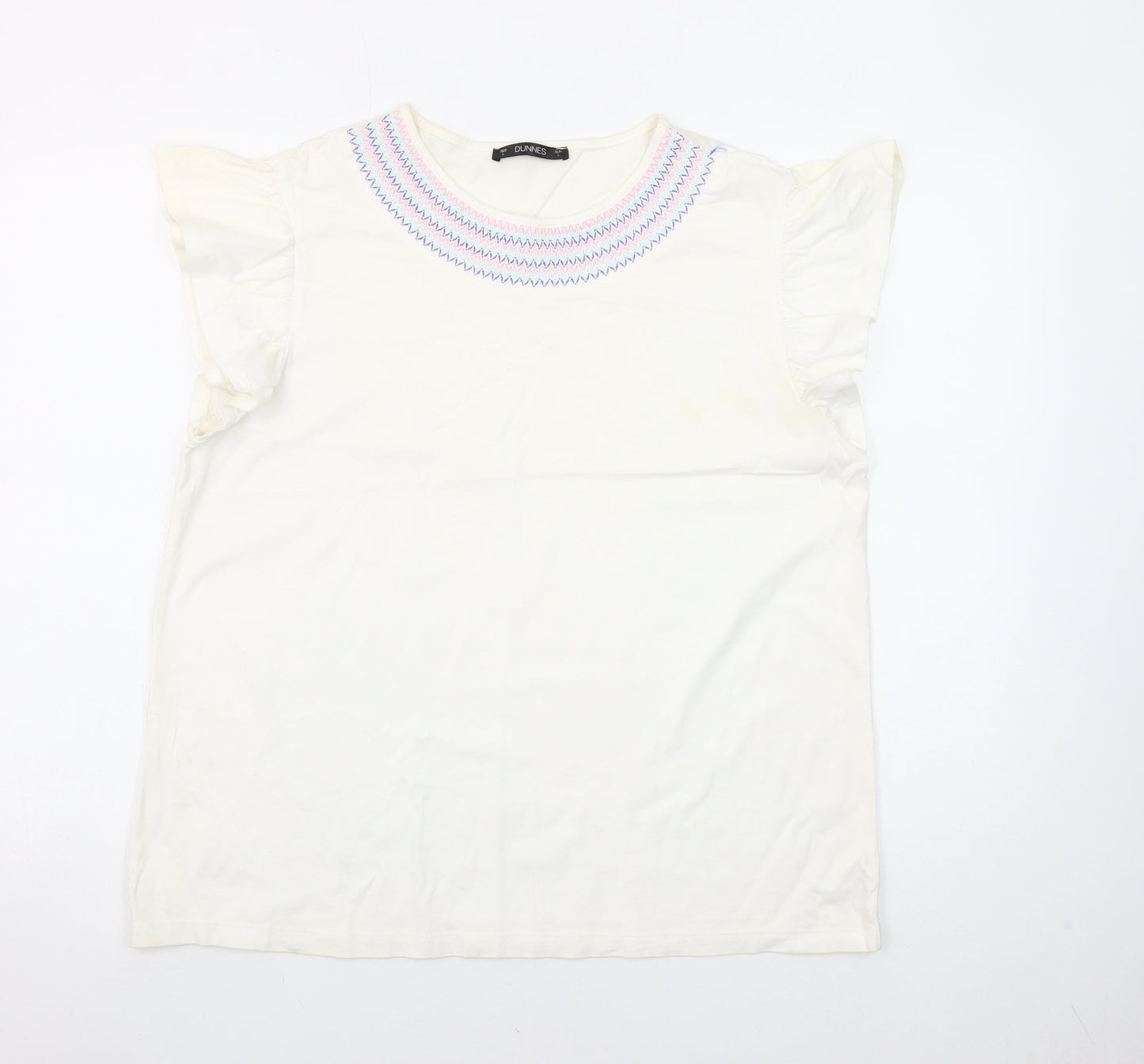 Dunnes Stores Womens White Embroidered Flutter Sleeve Cotton T-Shirt Size L