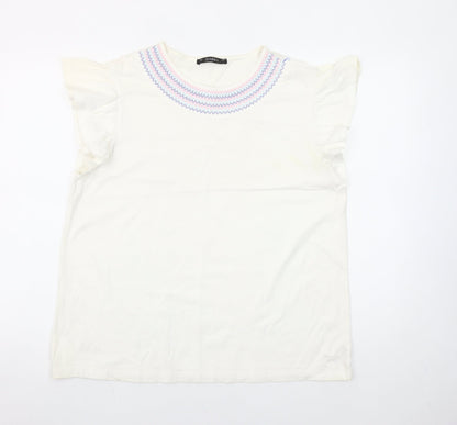 Dunnes Stores Womens White Embroidered Flutter Sleeve Cotton T-Shirt Size L