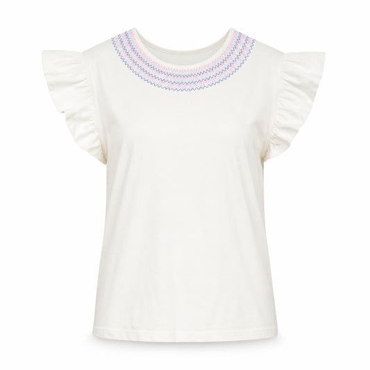 Dunnes Stores Womens White Embroidered Flutter Sleeve Cotton T-Shirt Size L
