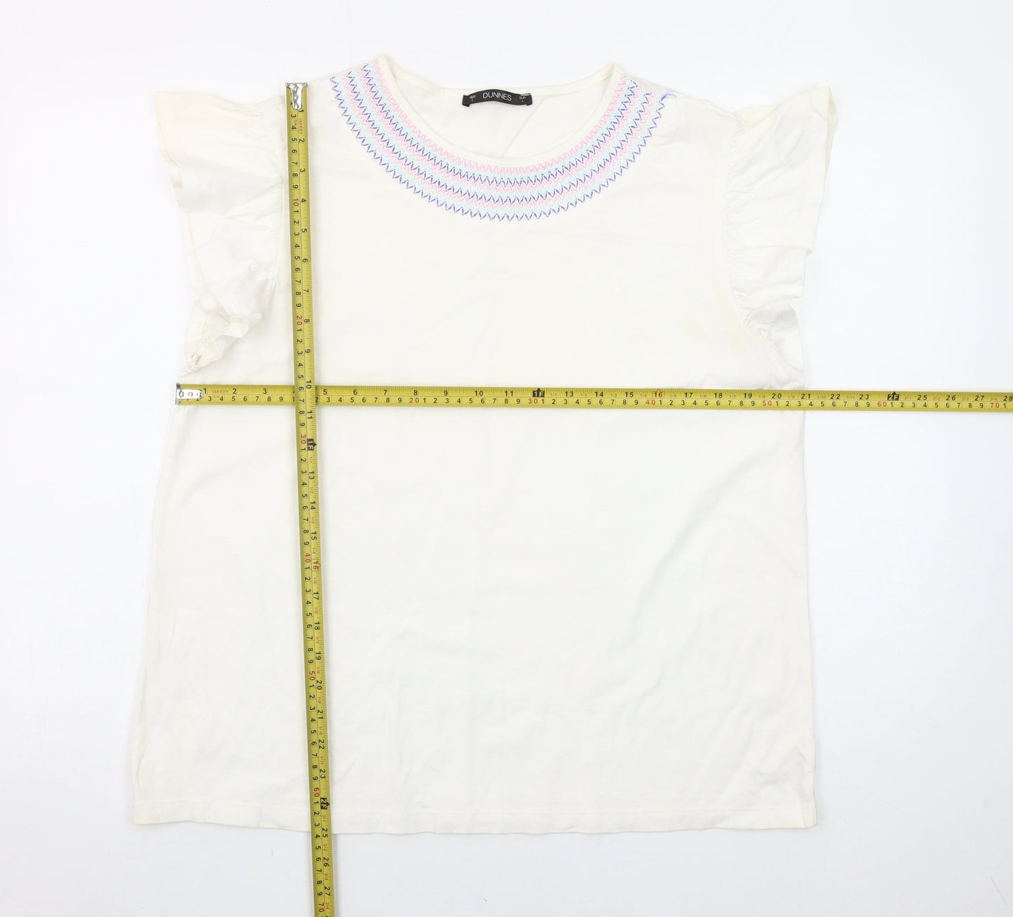Dunnes Stores Womens White Embroidered Flutter Sleeve Cotton T-Shirt Size L
