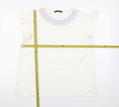 Dunnes Stores Womens White Embroidered Flutter Sleeve Cotton T-Shirt Size L