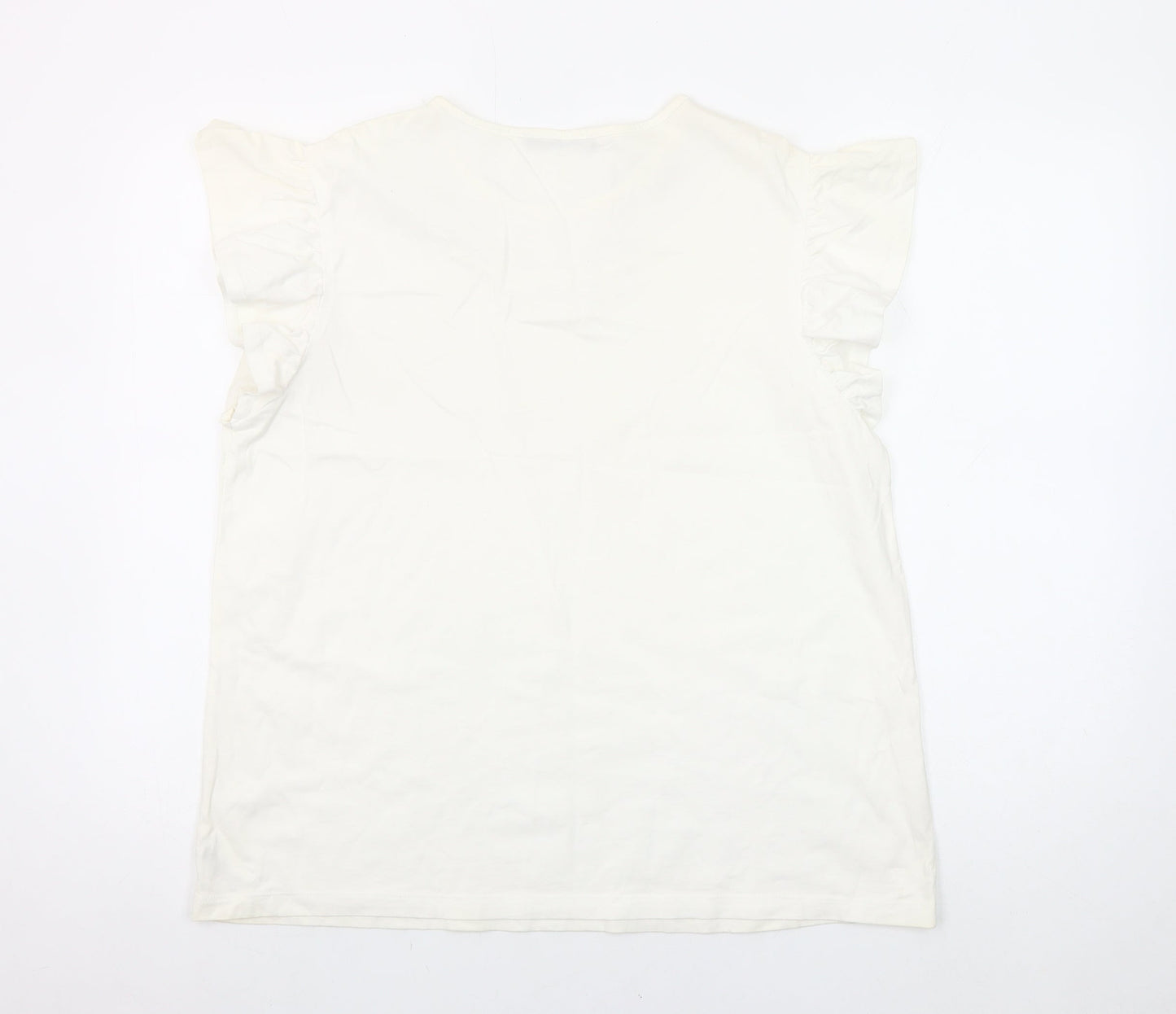 Dunnes Stores Womens White Embroidered Flutter Sleeve Cotton T-Shirt Size L