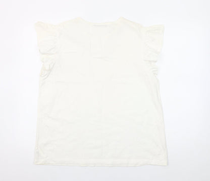 Dunnes Stores Womens White Embroidered Flutter Sleeve Cotton T-Shirt Size L