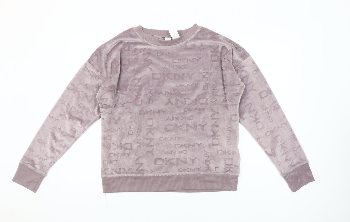 DKNY Women's Mauve Velour Logo Sweatshirt S Pullover Crew Neck