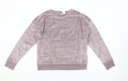 DKNY Women's Mauve Velour Logo Sweatshirt S Pullover Crew Neck