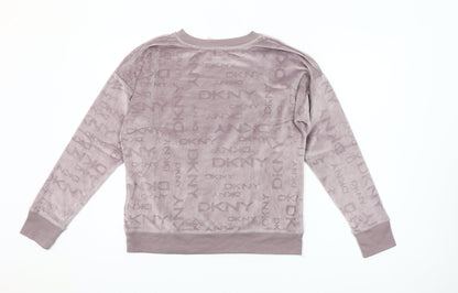 DKNY Women's Mauve Velour Logo Sweatshirt S Pullover Crew Neck
