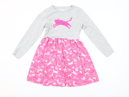 Mountain Warehouse Girls Pink Cat Print Cotton Long Sleeve Skater Dress 7-8 Years