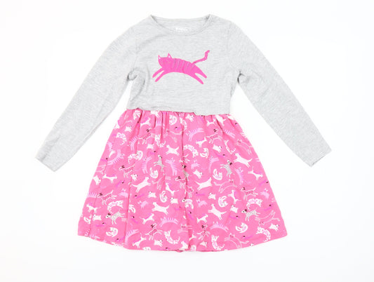 Mountain Warehouse Girls Pink Cat Print Cotton Long Sleeve Skater Dress 7-8 Years