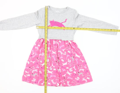 Mountain Warehouse Girls Pink Cat Print Cotton Long Sleeve Skater Dress 7-8 Years