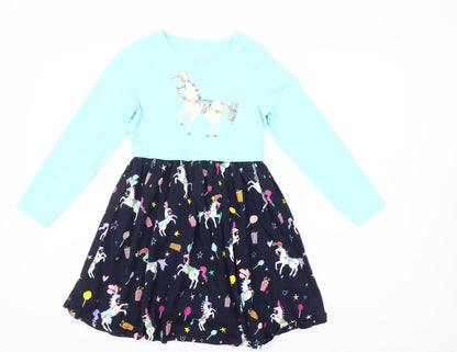 Mountain Warehouse Girls Blue Unicorn Skater Dress 7-8 Years Long Sleeve Cotton