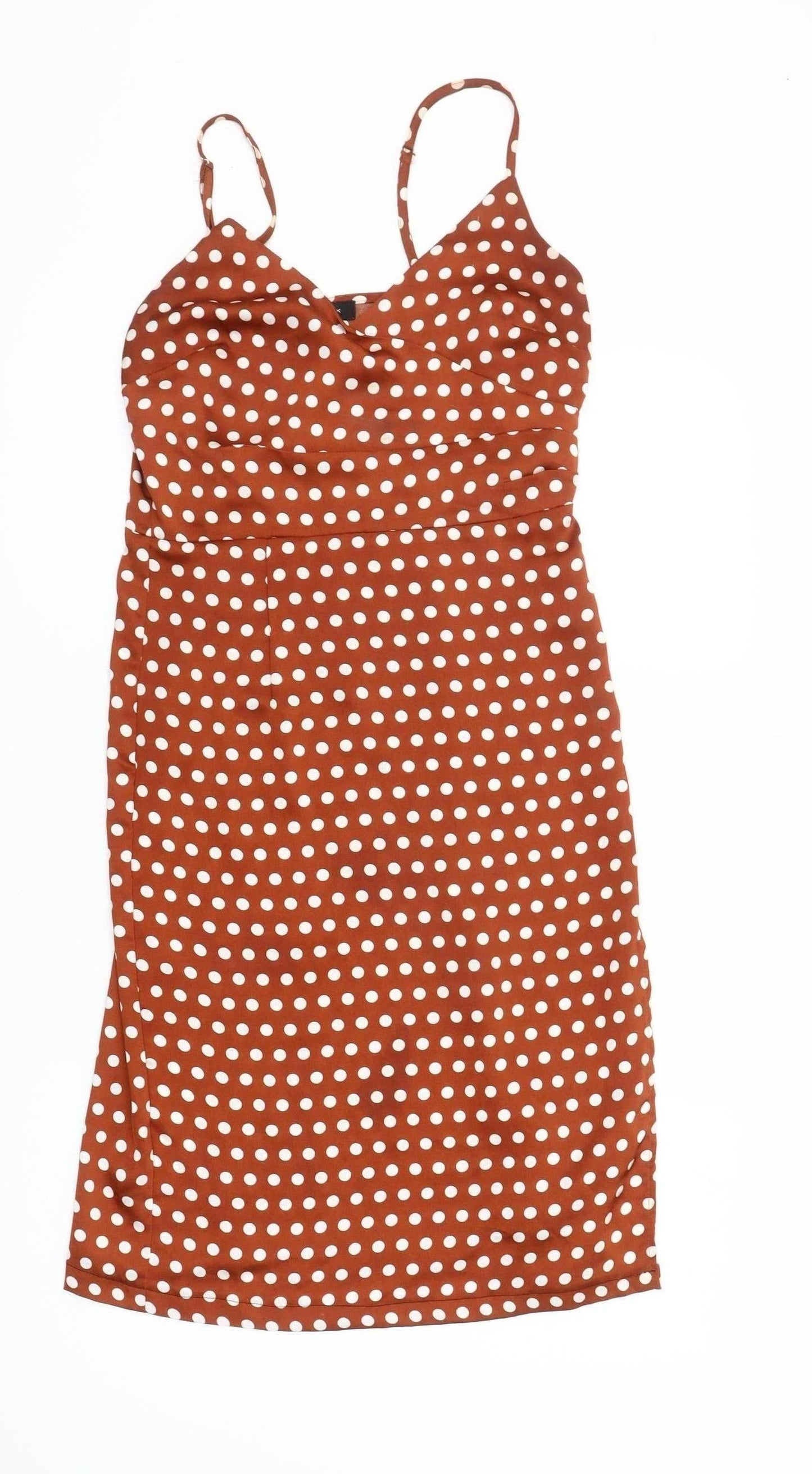 New Look Women's Brown Polka Dot Midi Slip Dress Size 10